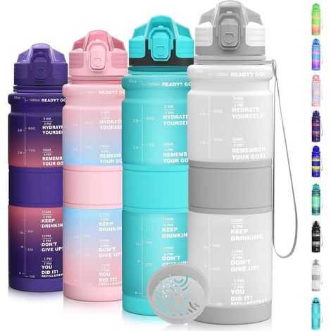 Trinkflasche 500ml Tritan BPA Frei Zeitmarkierung 1000 ml Grauweiß (1/5)