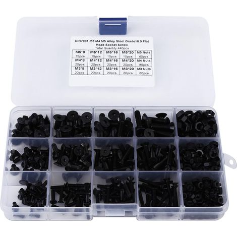 Kit de 440 vis et écrous, acier allié, têtes plates M3 M4 M5, pour machines