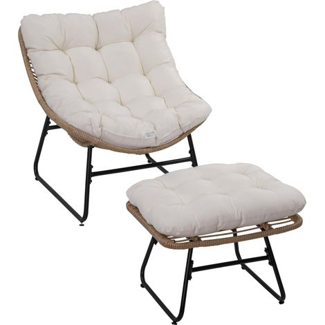 Fauteuil de jardin Outsunny avec repose-pieds en métal époxy et résine tressée aspect rotin avec coussins moelleux - naturel
