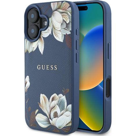 Guess MagSafe iPhone 16 Hülle mit genarbtem Blumenmuster (Blau) (1/5)