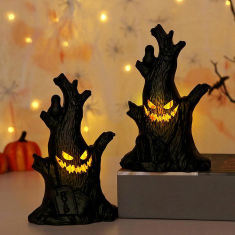 van 2 decoratieve Halloween spookbeeldjes met licht - Halloween spookbeeldjes - Licht - LED - Spookbeeldjes - Stamboom - Voor Halloween versiering, (x 2) (1/5)