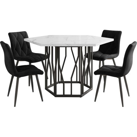 Conjunto de comedor 5 piezas mesa hexagonal efecto mármol blanco y 4 sillas de terciopelo negro (1/5)