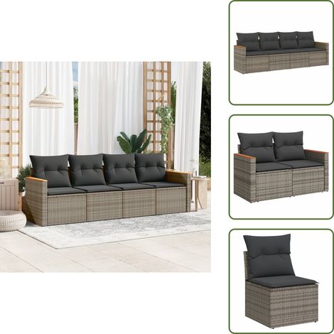Salon de jardin 4 pcs avec coussins gris résine tressée - Salon De Jardin - Mobilier De Jardin - Salon Extérieur - Ensemble De Canapés - Résine Tressée