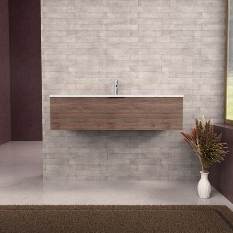 Inda - Badezimmerschrank B.120 mit mattiertem Waschbecken / Braune Eiche 1 Schublade - Topazio