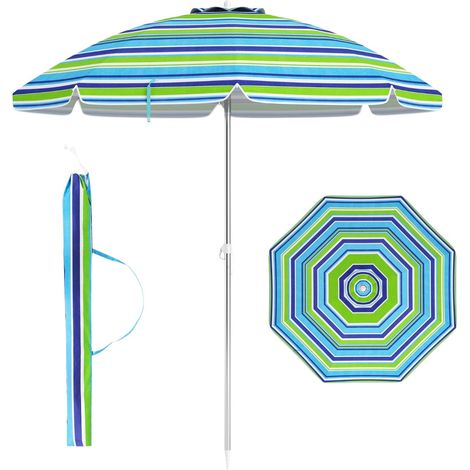 Sombrilla de playa de 198 cm, inclinable, con anclaje a la arena y bolsa de transporte. (1/5)