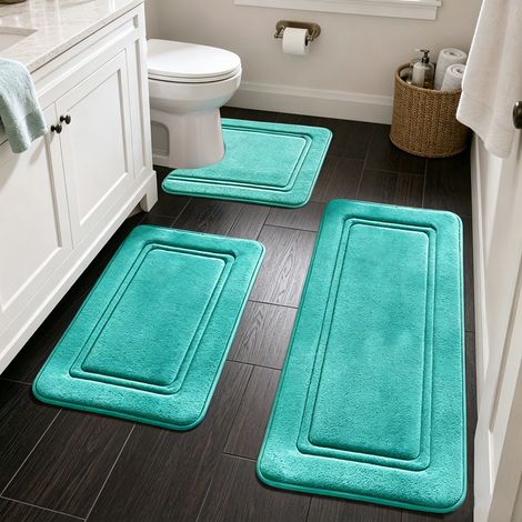 Polaire corail Ensemble de tapis de salle de bains, tapis de sol pour salle de bains et coussin de toilette en forme de U, Bleu clair tapis de douche antidérapant (1/5)