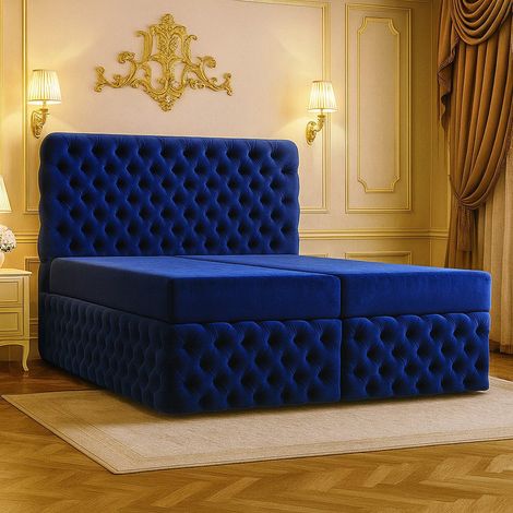 Lit Boxspring Chesterfield Ii - Bleu Foncé - 200x200 Cm - Lit Élégant - Meuble De Chambre - Matelas À Ressorts Bonnell (1/4)