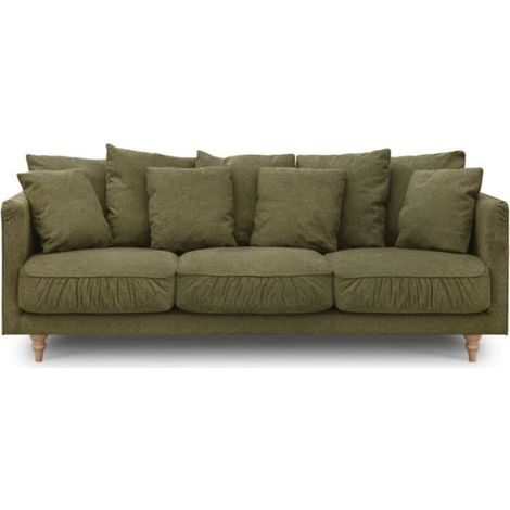 Canapé droit 4 places – Tissu vert 100% polyester – Pieds en bois massif – L 212 x H 87 x P 93 cm – Confort moelleux (1/5)