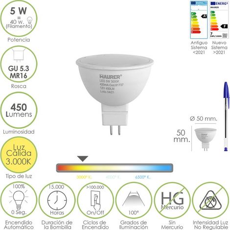 Bombilla Led Dicroica Rosca GU 5.3 / MR16. 5 Watt. Equivale A 40 Watt. 405 Lumenes. Luz Cálida (3000º K.)