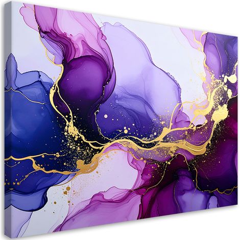 Quadro su tela, Opera astratta realizzata in marmo viola e oro. - 60x40 (1/2)