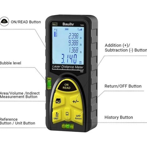 1 jue Mesure laser 60 m, outil de mesure numérique à poignée portable avec niveaux à bulle, grand écran LCD rétroéclairé et étanche Ip54 (1/3)
