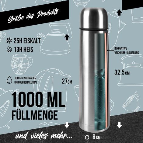 Bouteille en acier inoxydable avec gobelet à double paroi anti-fuite, lave-vaisselle & sans BPA garde les boissons chaudes & froides (Argent, 1000 ml) (1/5)