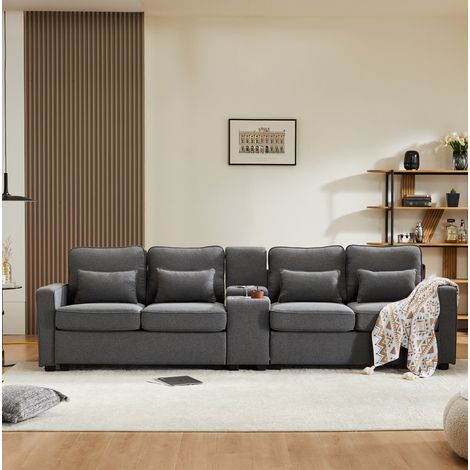 Canapé 4 places Leinenstoff dunkelgrau 290x83x88 cm mit Konsole, USB-Anschlüssen und Getränkehaltern (1/5)