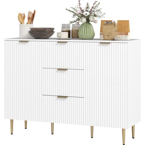 Buffet de cuisine 3 tables étagères réglables placards portes cannelées blanc 120x40x90 cm