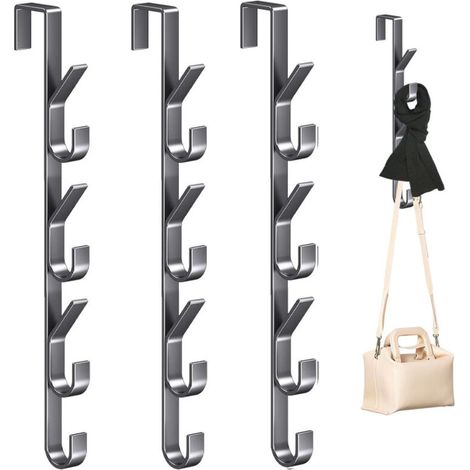 Lot de 4 crochets de porte - 7 crochets, cintres multi-usages, crochets de rangement verticaux pour vêtements et chapeaux, gris pistolet (1/5)