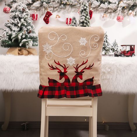 Weihnachtsstuhlrückenbezug aus Leinen-Karostoff, dekorativer Esszimmerstuhlrückenbezug für Zuhause, 2 Rentiere (1/5)