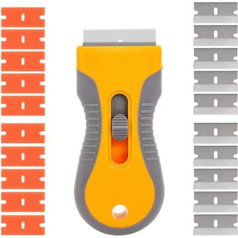 Grattoir de rasoir avec 20 lames supplémentaires, grattoir rétractable, outil de nettoyage pour enlever les étiquettes, autocollants, décalcomanies, peinture du verre et de la cuisinière