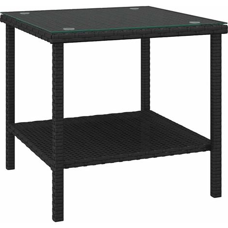 Table d'appoint noir 45x45x45 cm poly rotin et verre trempé