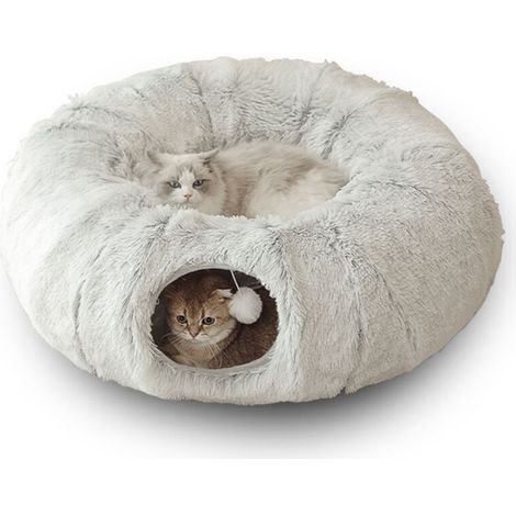 Lit tunnel pliable en peluche grise pour chat (1/5)
