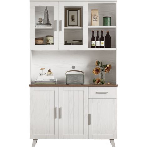 Buffet haut rustique blanc effet bois avec 5 portes, 1 tiroir, 2 niches ouvertes et 2 portes vitrées, 114 x 40 x 190 cm, panneau de particules - CHICFURN (1/5)