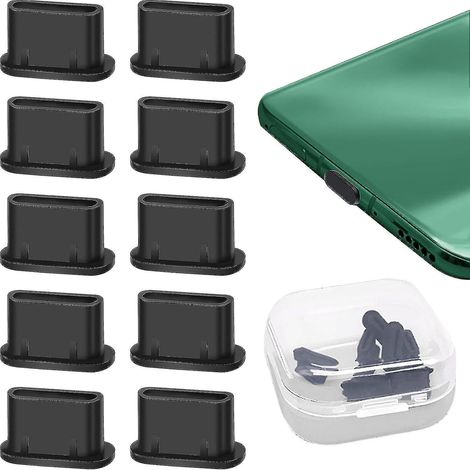 Lot de 10 bouchons anti-poussière pour ports USB-C, en silicone, avec boîte de rangement, compatibles avec la plupart des smartphones et ordinateurs portables Android - Noir (1/5)