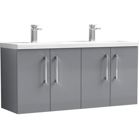Nuie Arno Satin Grey 1200mm Wall Hung 4 Door Vanity Unit with Double Ceramic Basins - ARN2223F (1/2)