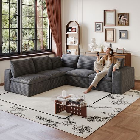 Modulares 5-Sitzer-Sofa „Cloud“ aus Cord, L-förmig, keine Montage erforderlich, für das Wohnzimmer, 260 x 250 x 60 cm, Dunkelgrau