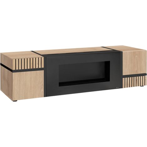 Meuble TV Cross avec cheminée bioéthanol - Bois MDF noir et chêne Hickory Jackson - 150 x 50 x 50 cm - Livraison gratuite