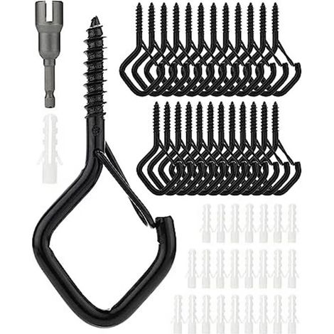Lot de 25 crochets à visser pour suspension de plantes et carillons éoliens, carrés et résistants au vent, avec boucle de sécurité. (1/5)
