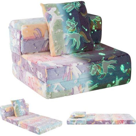 3-in-1 Glow-in-the-Dark Children's Sofa with Washable Zippered Covers and Extra Cushion, Adorable Multicolored Unicorn Design (1/5)
