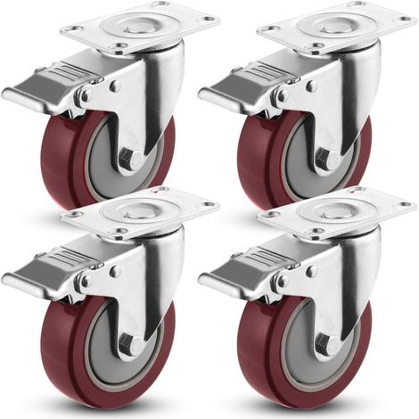 JSSEVN - 4-Piece Swivel Caster Set with Brake, 75mm, Furniture Casters with a 360kg Load Capacity, Red (1/5)