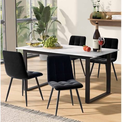 FLORAGRACE Ensemble table à manger extensible 123 x 81 x 45 cm avec 4 chaises, table MDF blanche et pieds métal noirs, set moderne pour cuisine (1/5)