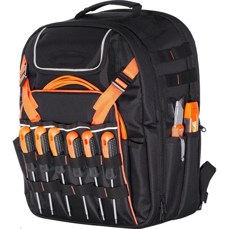 Sac à dos à outils 45 poches, organisateur robuste avec compartiment ordinateur portable et base renforcée, idéal électricien et réparateur. (1/5)