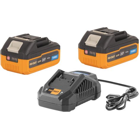 Procraft Starter Set 20 V 20/4A Schnell Ladegerät + 2x 20/4 Turbo Akku 4,0 Ah