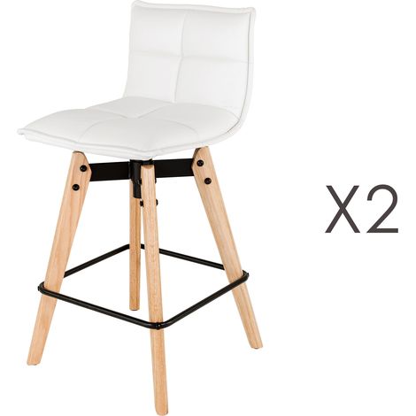 Lot de 2 tabourets de bar en PU blanc et pieds chêne - KALMAR