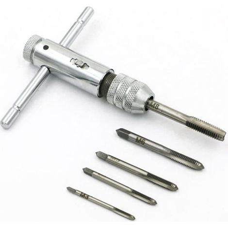 Tourne-à-gauche pour le travail des métaux à poignée en T avec 5 tarauds: 3 mm,4 mm,5 mm,6 mm,8 mm - réglable (1/5)