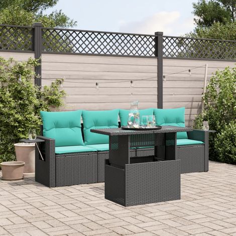 5-teiliges Gartensofa-Set mit Kissen, schwarzes Polyrattan (1/5)