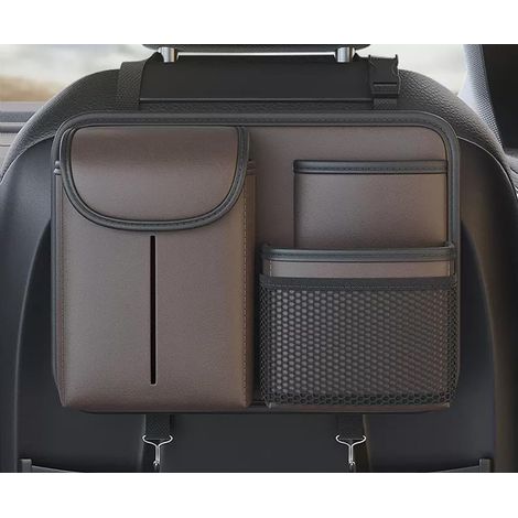 Tasca in pelle per schienale del sedile auto con portabicchiere e porta fazzoletti, cinghia portaoggetti multi-tasca, tracolla regolabile, adatta a SUV, camion e berline (marrone).