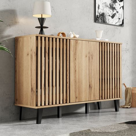 Armoire de rangement 150x40x95 cm – 3 portes dont 2 ajourées, 6 compartiments – teinte bois naturel (1/5)