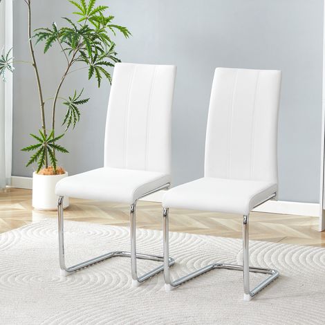 Lot de 2 chaises de salle à manger rembourrées PU blanches - chaises latérales à dossier haut modernes avec pieds robustes en tubes de fer chromé pour salle à manger, cuisine et salon
