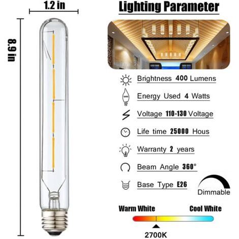 Bombilla LED tubular de filamento estilo Edison retro, casquillo E26, 4W, regulable (equivalente a 40W), luz blanca cálida de 2700K. (1/5)