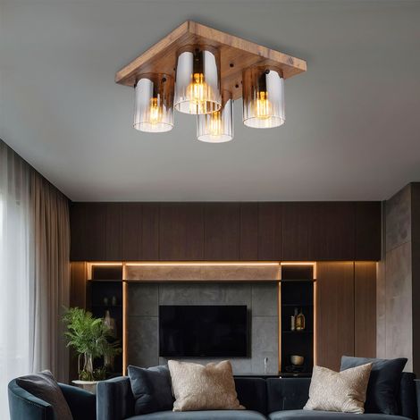 Deckenleuchte Deckenlampe Wohnzimmerlampe Holzoptik Glas Rauchfarbe 4-Flammig