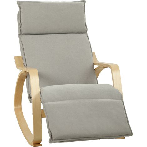 HOMCOM silla mecedora con reposapiés ajustable en 5 posiciones, reposabrazos de madera, acolchado doble capa, asiento amplio, respaldo alto gris claro (1/5)