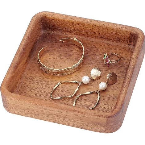 Plateau à Bijoux Carré en Bois Marron Noix de Coco de 14.8x14.5cm Petit Vide Poches Boîte de Rangement pour Colliers Bracelets et Boucles d'oreilles Idéal pour Une Table de Chevet (1/5)