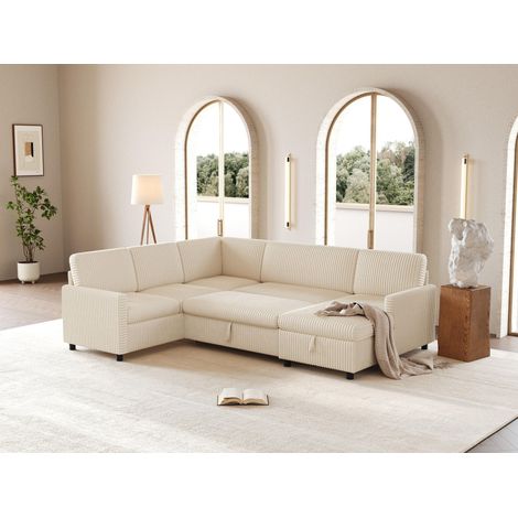 Divano letto angolare a u con contenitore e rete a doghe - 274x220x85 cm - 5 posti soggiorno in velluto a coste - beige (1/5)