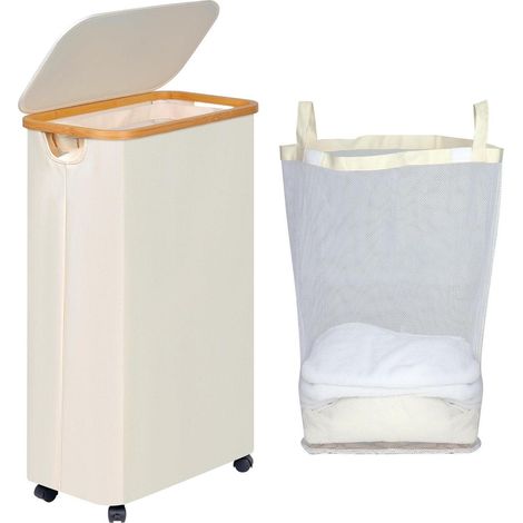 Wäschekorb mit Rollen, Deckel und abnehmbarem Beutel, 75L, Beige (1/5)