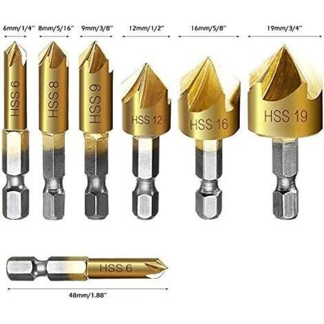 NALOOKAMIC Fraise à chanfreiner metal 12 Pcs queue hexagonale poinçon de centrage automatique forets à chanfreiner, 6mm 8mm 9mm 12mm 16mm 19mm