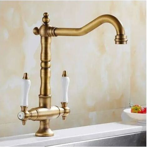 Robinet mitigeur cuisine vintage à 2 poignées – Rétro, réglable eau chaude et froide, rotation 360° – Finition bronze, style rétro élégant (1/4)