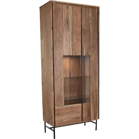 Vitrine, armoire vaisselier en bois d' acacia/verre coloris marron - Longueur 80 x Profondeur 40 x Hauteur 197 cm -PEGANE- (1/5)