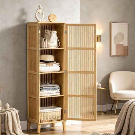 Armario alto de bambú con puerta de lamas 40 x 30 x 140 cm OKWISH (1/5)